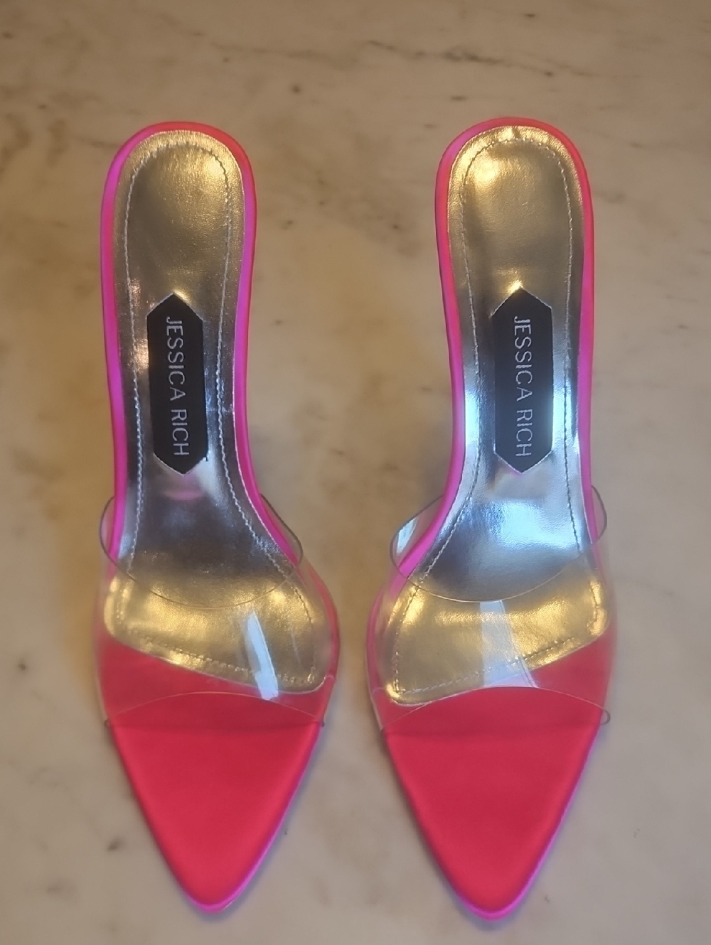 Jessica Rich Hot Pink Pointed-Toe Clear Strap Heels